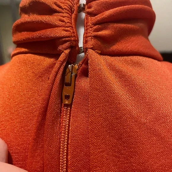 Vintage 1970’s Beautiful High Neck Orange Gown With Attached Overlay - Picture 10 of 12